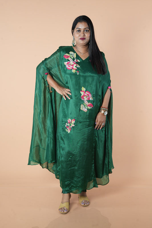 Pure Crepe Bottle Green Kaftan with multicolour sequencing
