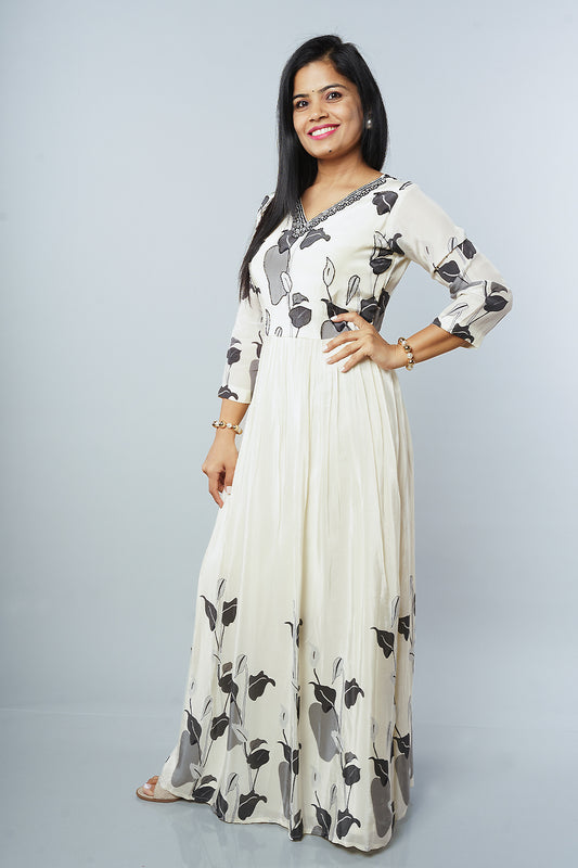 Cream and White Padded frock with handwork