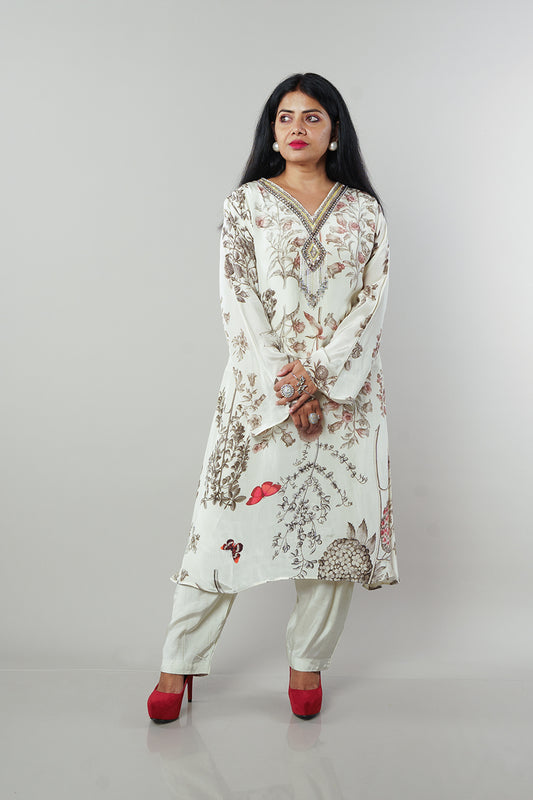 Cream colour Pure Crepe Forest print set