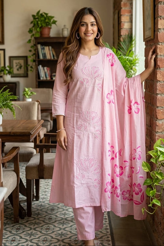 Pearl Work Pink Handpaint dupatta Suit Set