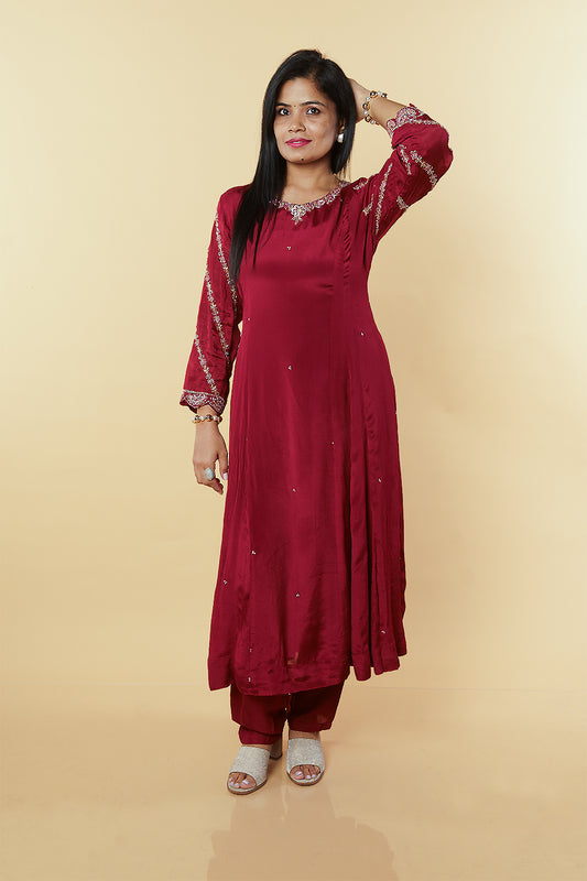Maroonish Red Pure chinnon Handwork set