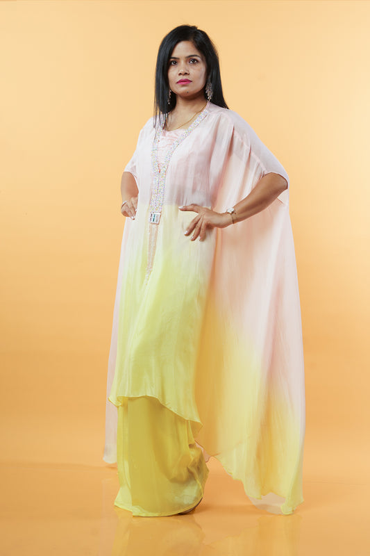 Baby pink and Yellow Shaded Indowestern set