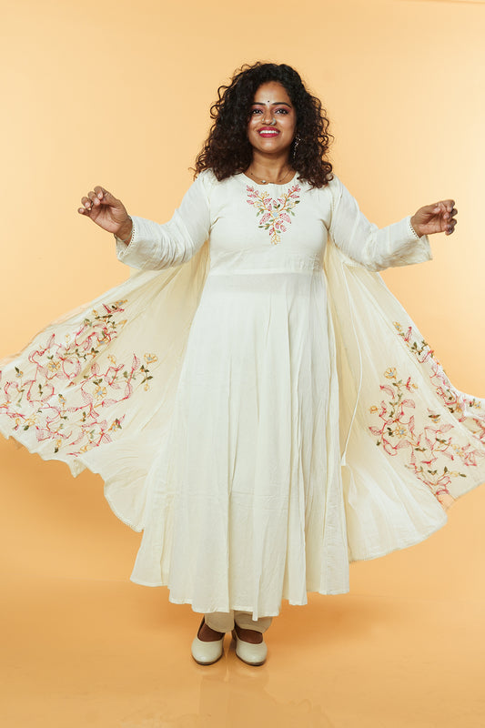Cream colour Mulcotton Jacket pattern frock