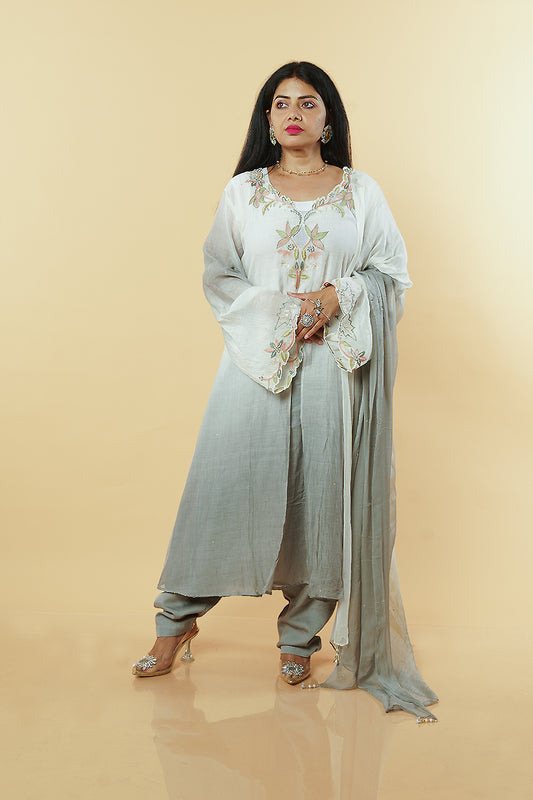 Ombre grey shade Banaras Mulchanderi with handwork Jacket