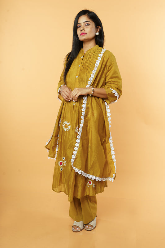 Mustard Mulchanderi with Flower embroidery