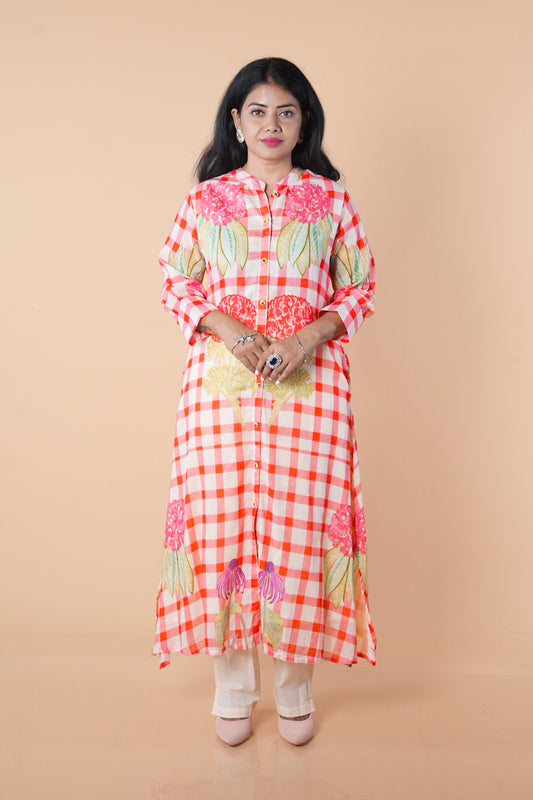 Peach and cream multicolour kurti pant set