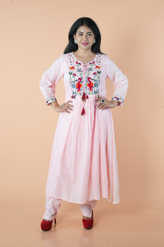 Pink mulcotton with crane embroidery work kurti pant