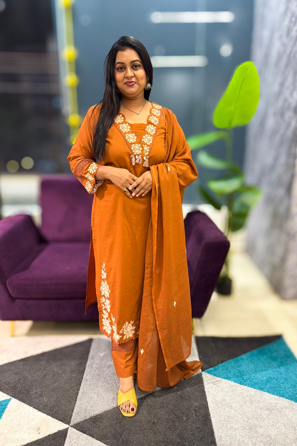 Cotton Suit Set with subtle embroidery and patch detailings