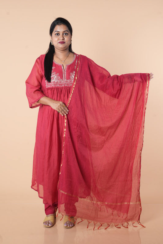 Pure Mulchanderi Maroon colour with silver Zari sequencing on yoke part