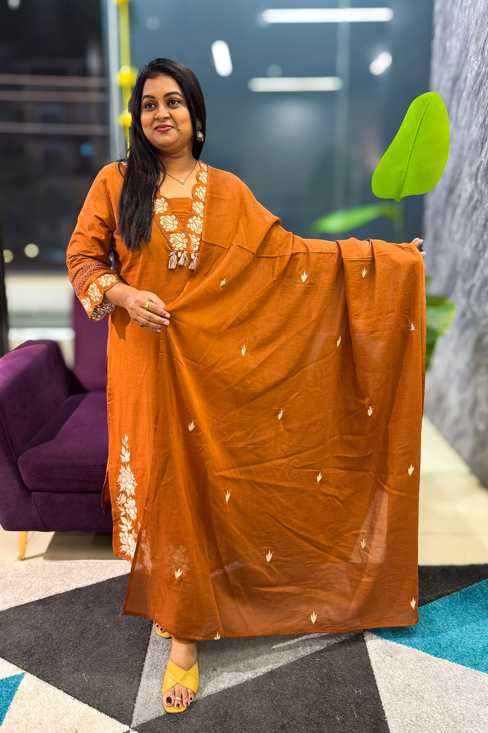 Cotton Suit Set with subtle embroidery and patch detailings