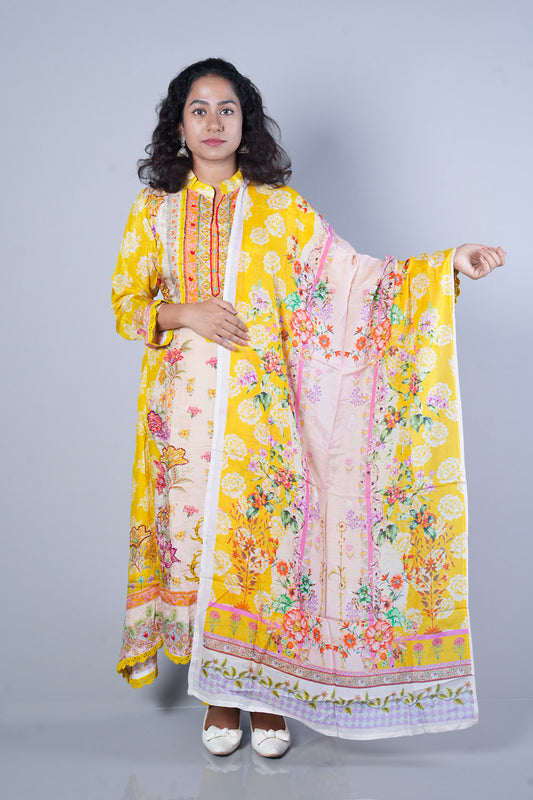 Light yellow and Cream colour kashmiri print C cut Suit set