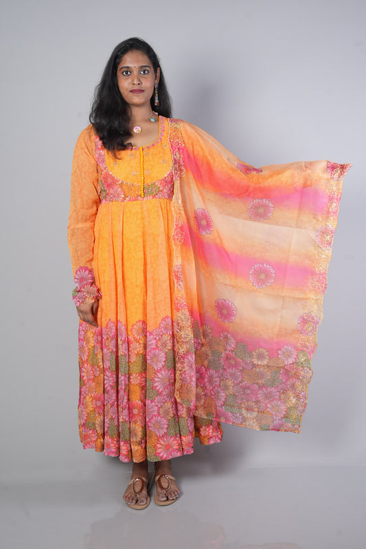 Mango Yellow Pure Chiffon with multicolour floral print