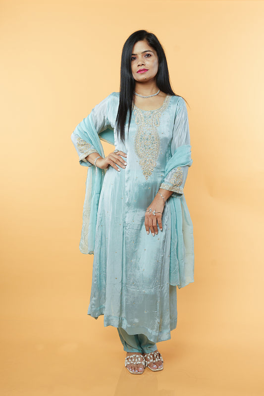 Ice Blue Pure chinnon Handwork Anarkali set