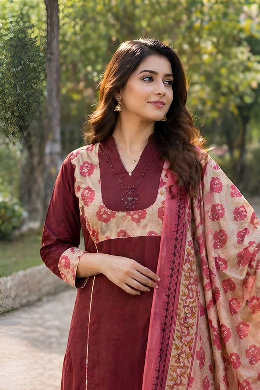 Batik Patch work Maroon Suit Set