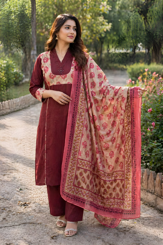 Batik Patch work Maroon Suit Set