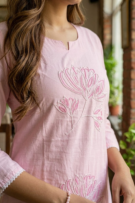 Pearl Work Pink Handpaint dupatta Suit Set