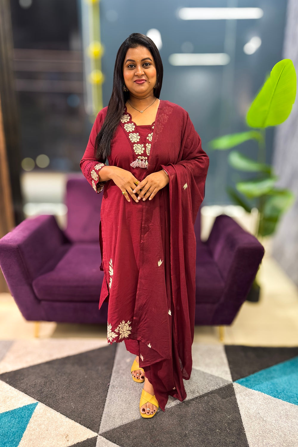 Cotton Suit Set with subtle embroidery and patch detailings