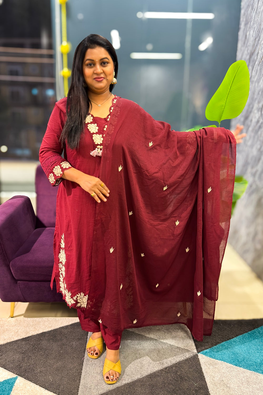 Cotton Suit Set with subtle embroidery and patch detailings