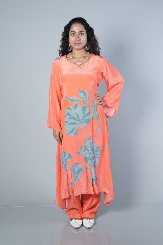 Peach colour Pure crepe C cut designer cordset
