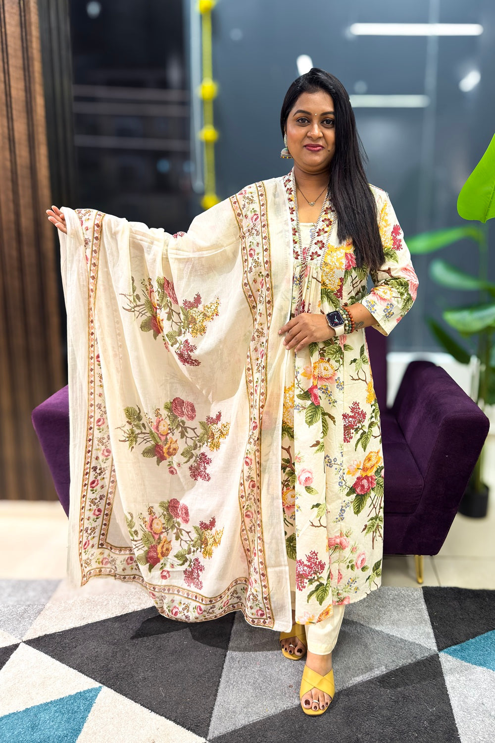 Cotton Suit Set comes Vneck and floral print in multicolour