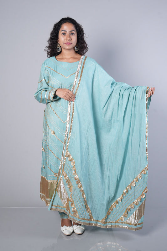 Blue Colour gotapatti Boat neck designer suit set