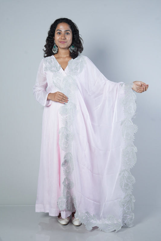 Baby pink Premium Viscose Organza with silver cutwork in Angrakha pattern
