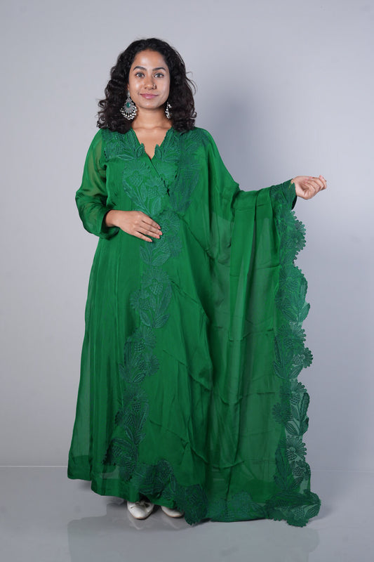 Bottle Green  Premium Viscose Organza with silver cutwork in Angrakha pattern