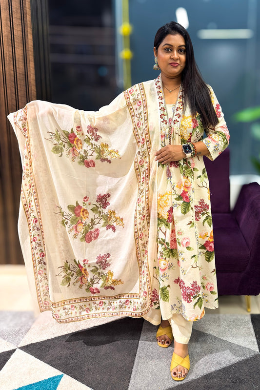 Cotton Suit Set comes Vneck and floral print in multicolour