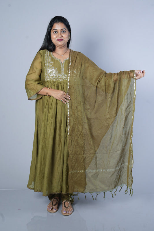 Pure Mulchanderi Green  colour with silver Zari sequencing on yoke part