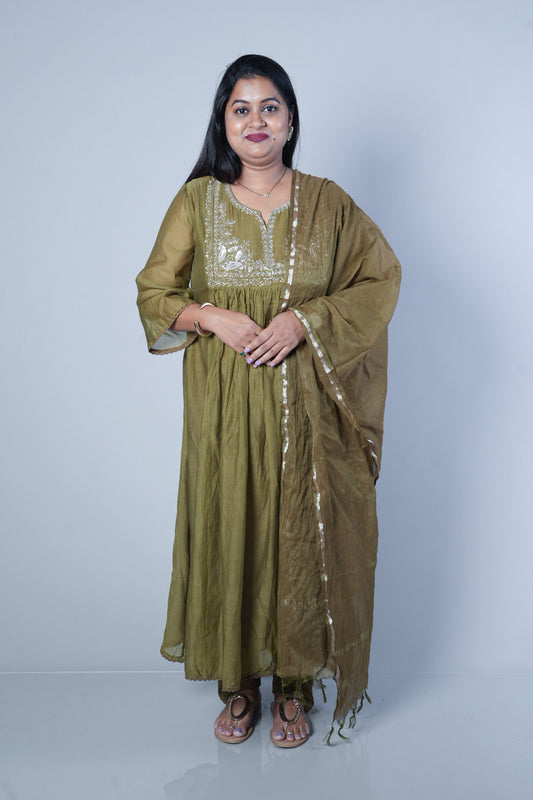 Pure Mulchanderi Green  colour with silver Zari sequencing on yoke part