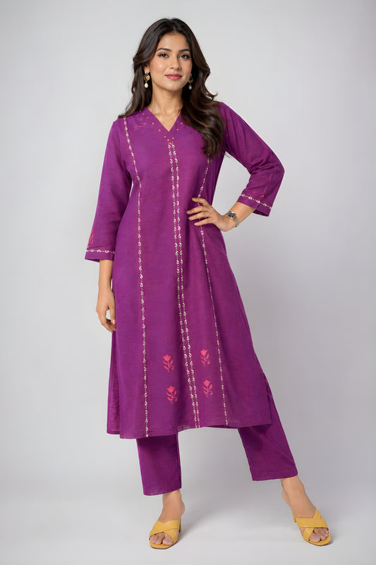 Purple block print kurti pant