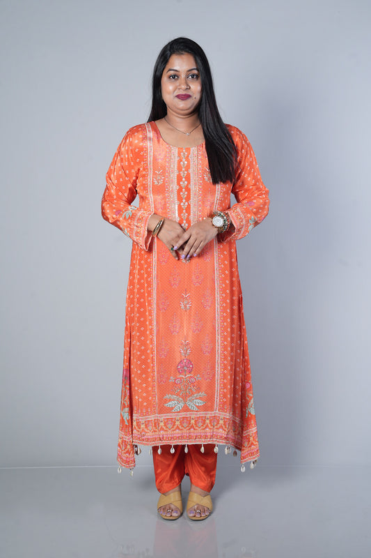 Orange C cut shell work pure crepe suit set