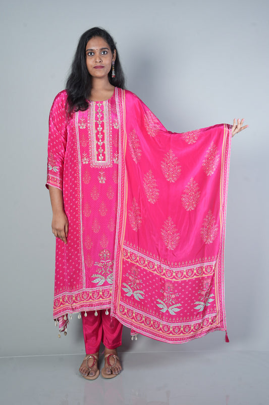 Pink C cut shell work pure crepe suit set