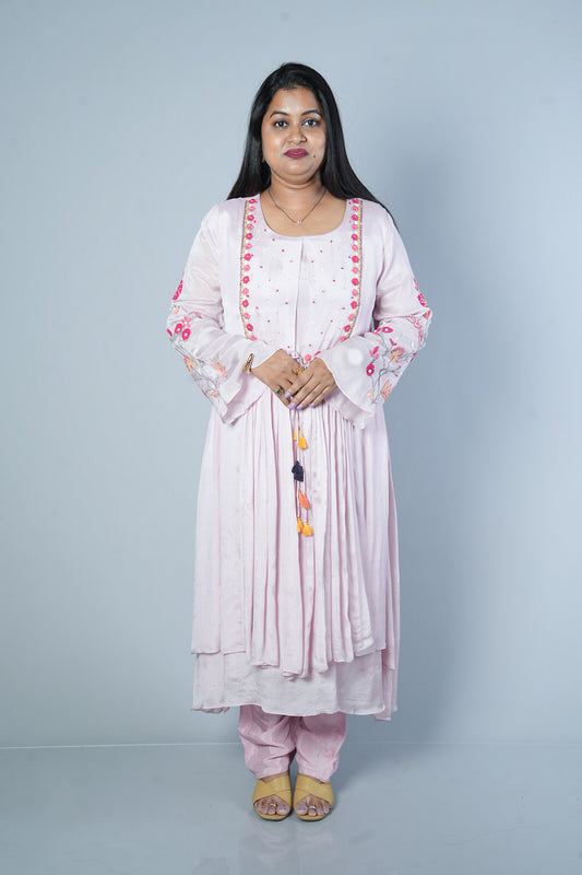 Baby Pink Jacket pattern pure chinnon kurti pant