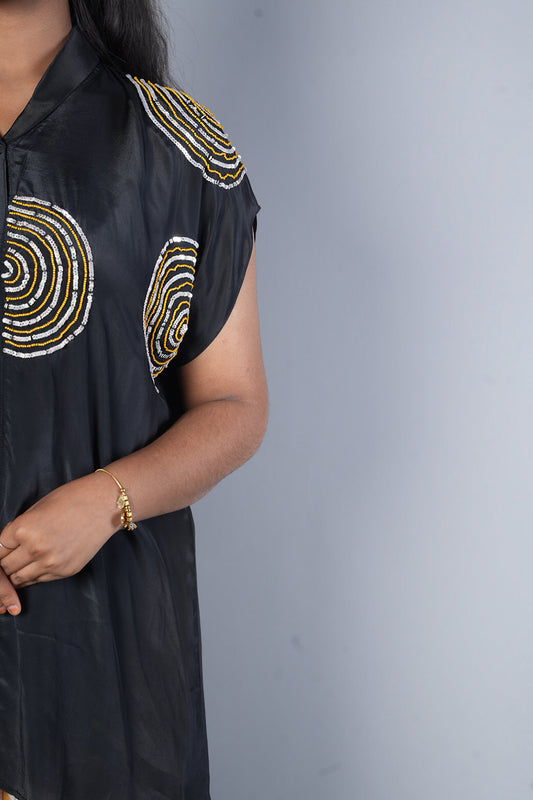 Black Crepe Designer Cordset with Handwork on on side of shirt