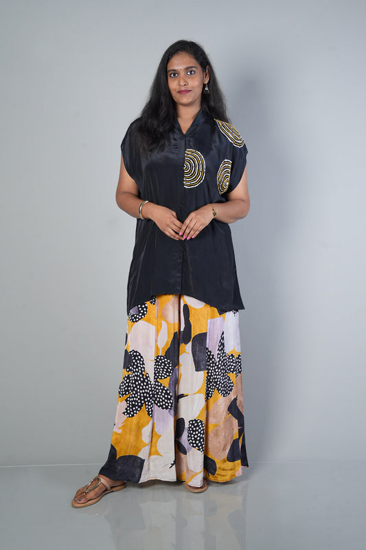 Black Crepe Designer Cordset with Handwork on on side of shirt