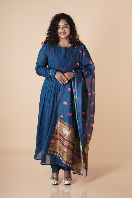Blue Mulcotton Chudi Sleeves with Chanderi Pichwai Dupatta