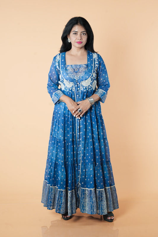 Blue Jacket Pattern Frock with embroidery on neck