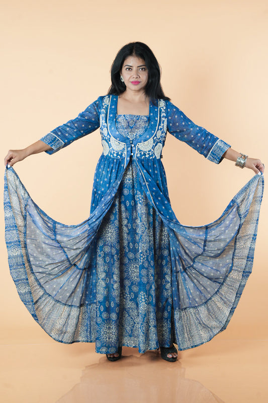 Blue Jacket Pattern Frock with embroidery on neck