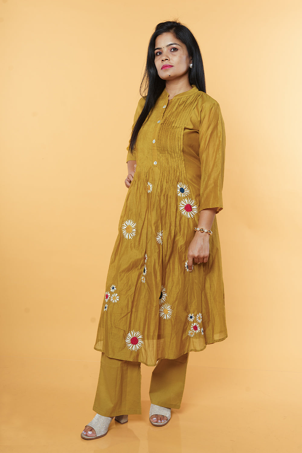 Mustard Mulchanderi with Flower embroidery