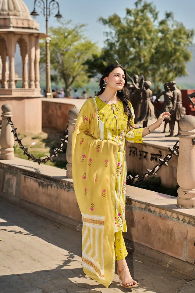 Mustard Colour Floral Print Suit Set
