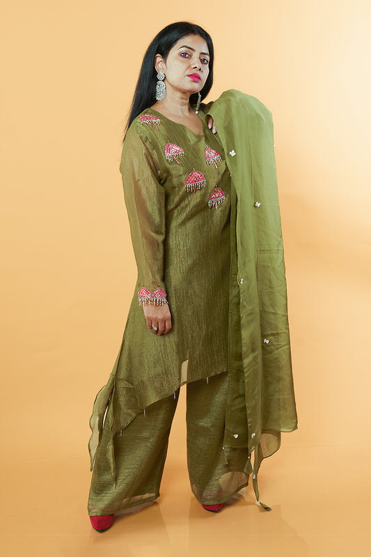 Olive Green Shimmer Crush Handwork 3 Piece suit
