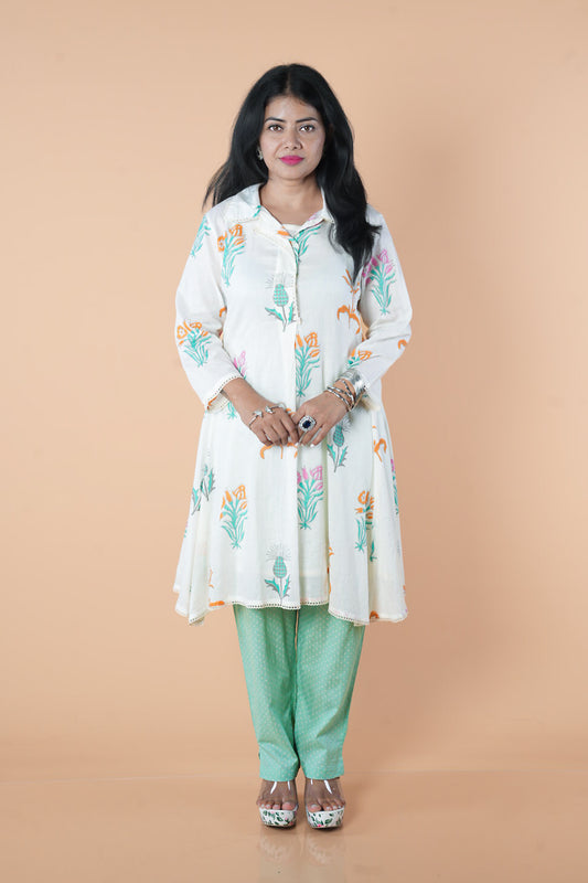 Block print mulcotton Cordset With Inner and contrast pant