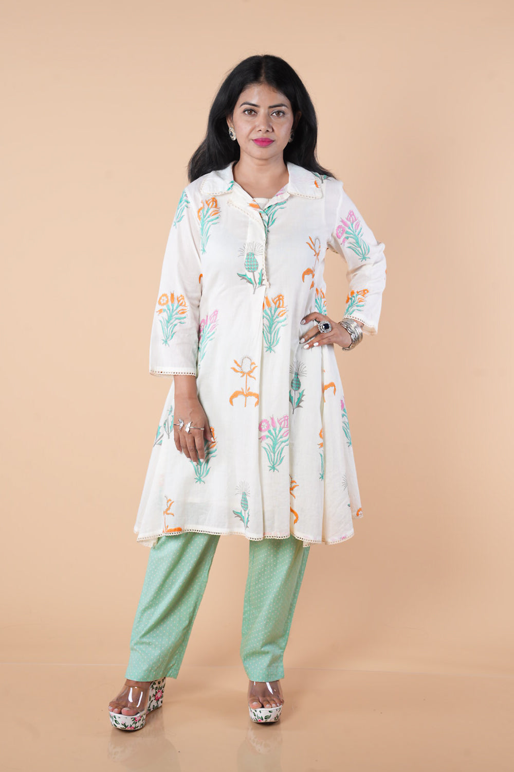 Block print mulcotton Cordset With Inner and contrast pant