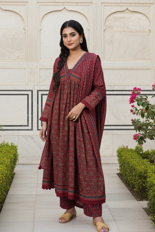 Ajrakh cotton Alia cut Suit set