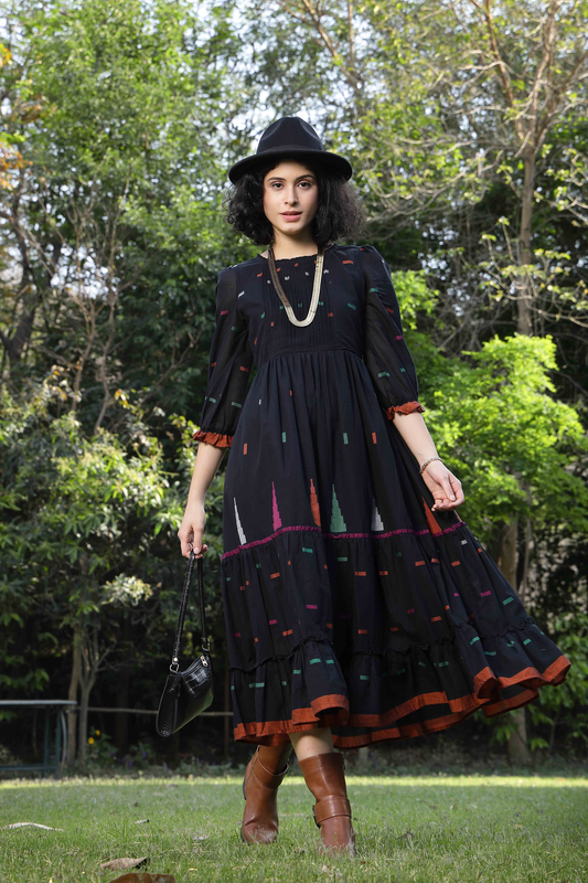 Black Frock with Jamdhani Weaving and Frilled Sleeves