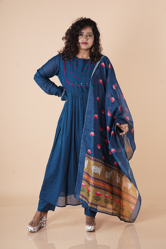 Blue Mulcotton Chudi Sleeves with Chanderi Pichwai Dupatta