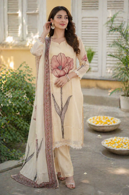 Cream Viscose Organza Flower print with handwork