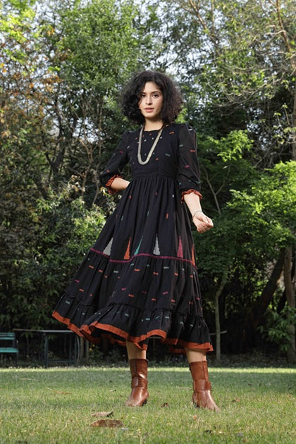 Black Frock with Jamdhani Weaving and Frilled Sleeves