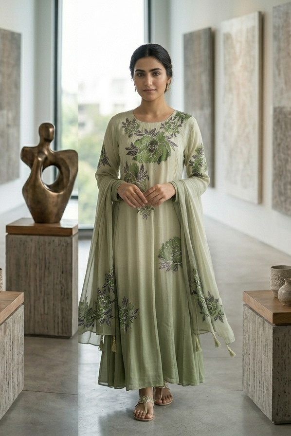 Handpaint Chinnon Handwork Designer Anarkali